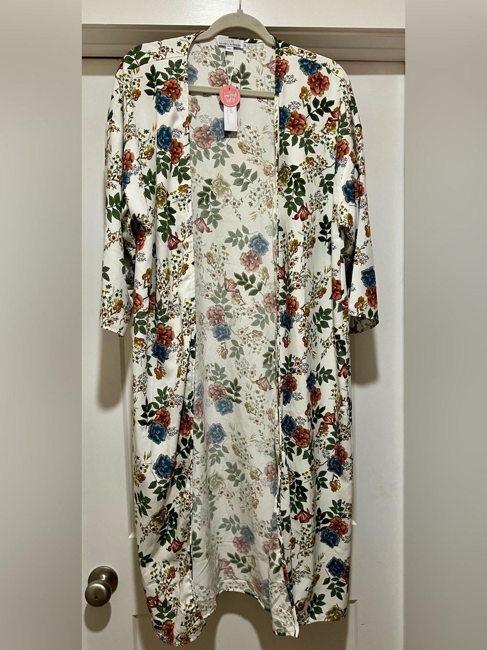 Floral Open-Front Women's Kimono Duster- Cream with Multicolor Floral Print